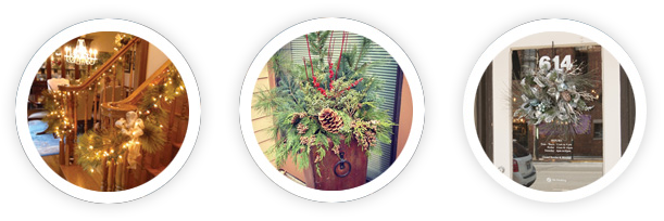 Decorated banister, holiday plant arrangement, wreath