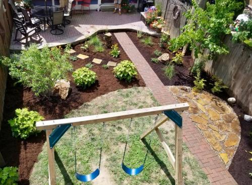 Aerial view of backyard landscaping