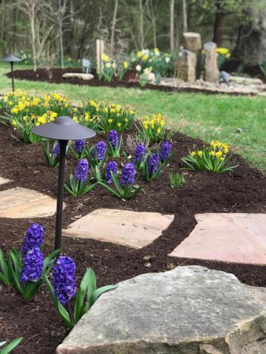 Garden area with flowers, stones and outdoor lights